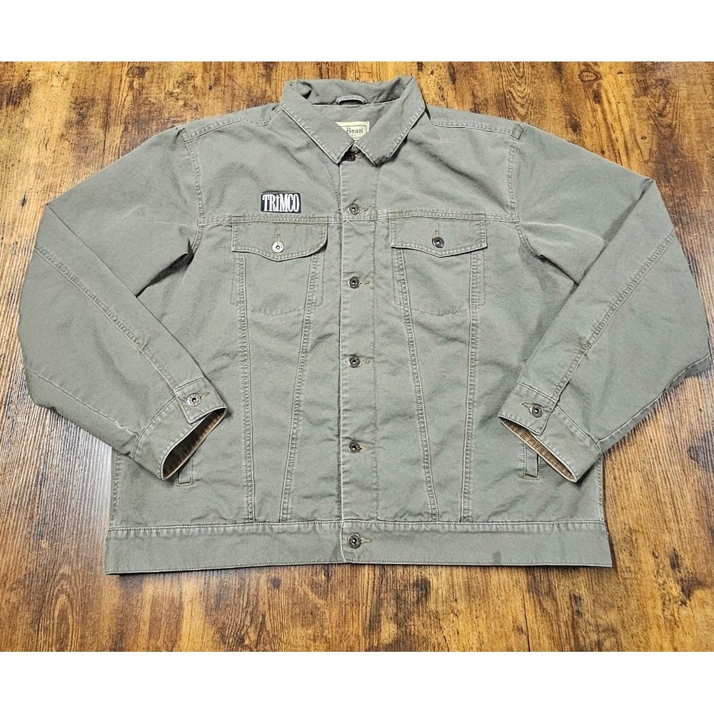 LL Bean Mens XL Olive Green Flannel Lined Canvas Field Jacket Trimco Patch